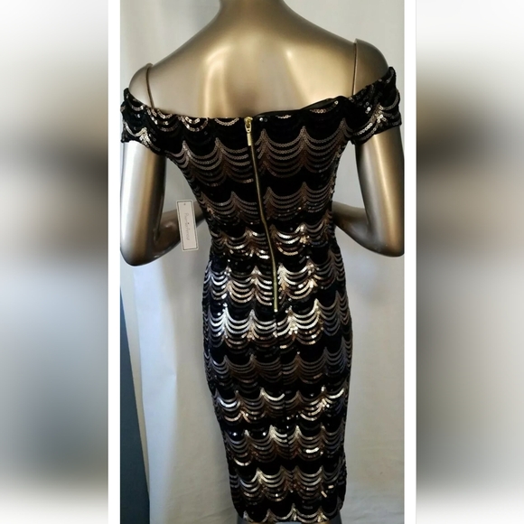 #2 Premier Amour Sequin Off Shoulder Fitted Stretch Dress Black - Picture 3 of 6